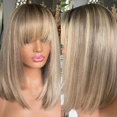 100% Virgin Human Hair Bob Wig Light Ash Blonde Lace Frontal Wig with Bangs