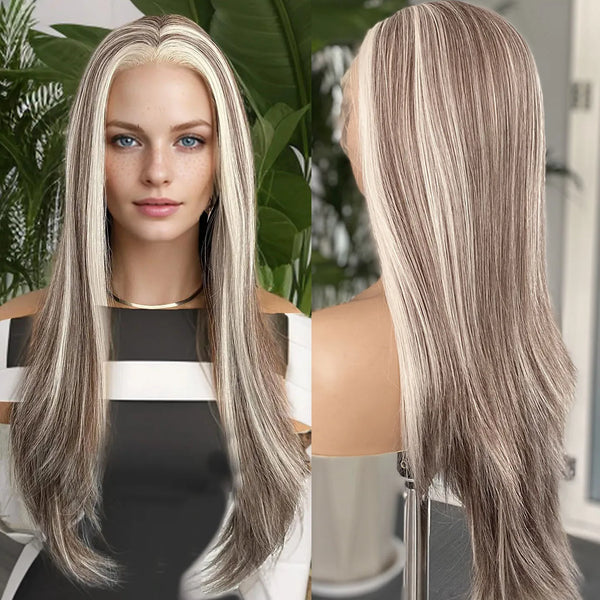 Brown Wig with Platinum Highlights Synthetic Lace Wig Long Silky Straight