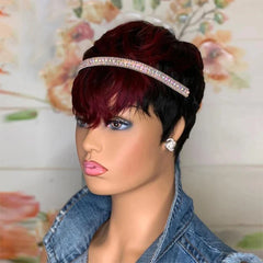 Red Color Pixie Short Cut Bob Wig  with Natural Bangs Brazilian Straight Human Hair - Pure Hair Gaze