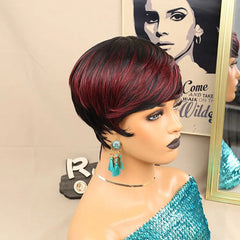 Short Synthetic Wig Ombre Red Pixie Cut with Bangs Natural Hair Color - Pure Hair Gaze