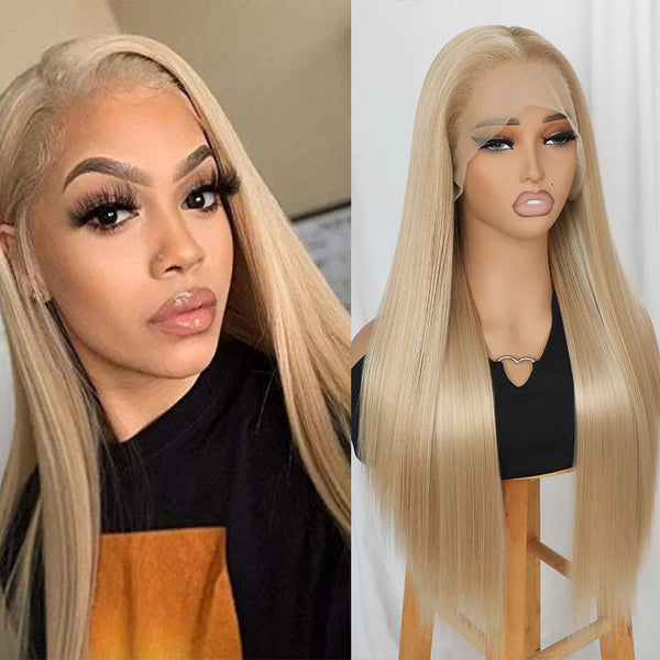 Long Silky Straight Glueless Natural Hairline Ash Blonde Wig