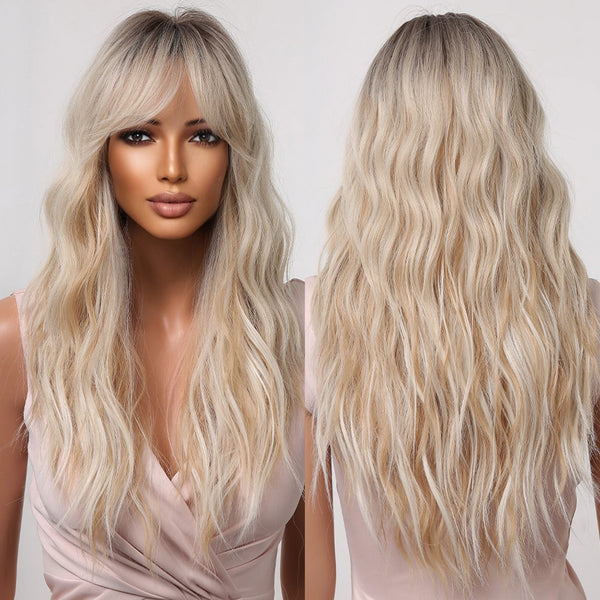 Blonde Long Straight Synthetic Wigs with Bangs