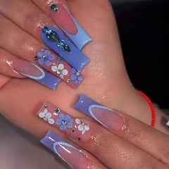 Pretty Nails 24Pcs Square False Nails with Glue Long Coffin Fake Nails Purple Flower Design Ballet French Press on Nail Wearable Nail Tips - Pure Hair Gaze