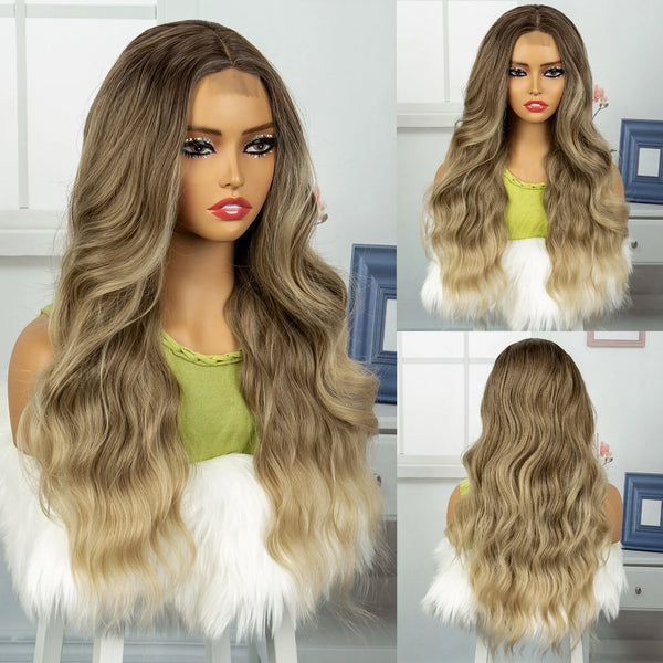 28 Inches Ash Blonde Highlight Brown Wavy Long Wig