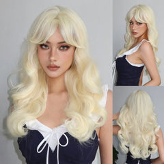 Heat Resistant Ash Blonde Wavy Wig with Bangs - Pure Hair Gaze