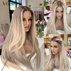 Cream Blonde Straight 100% Real Human Hair Wig Ash Blonde 200% Density Salon Hair Coloring Wig 13x6 Lace Front Wig For Women - Pure Hair Gaze