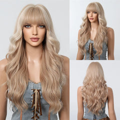 Heat Resistant Ash Blonde Wavy Wig with Bangs - Pure Hair Gaze