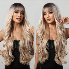 Ash Blonde Synthetic Long Wavy Wig with Bangs - Pure Hair Gaze