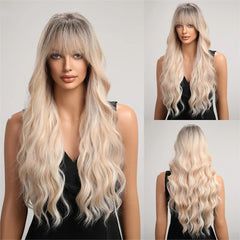 Heat Resistant Ash Blonde Wavy Wig with Bangs - Pure Hair Gaze