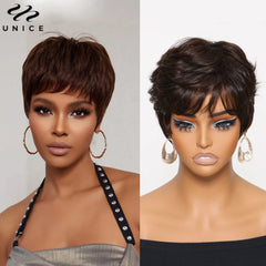 Brown Color Short Pixie Cut Bob Wig 100% Human Hair Wigs With Bangs Full Machine Made Layered Wavy Wigs for Women - Pure Hair Gaze