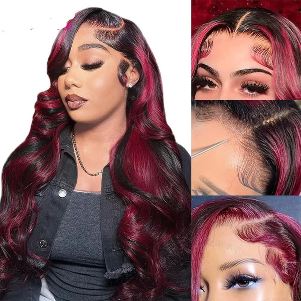 Ready-to-Wear Burgundy Highlight Wig - 13x4 Lace Front, Glueless Black Body Wave with Red Highlights