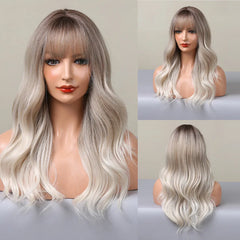 Heat Resistant Ash Blonde Wavy Wig with Bangs - Pure Hair Gaze