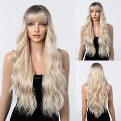 Heat Resistant Ash Blonde Wavy Wig with Bangs - Pure Hair Gaze