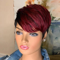 Red Color Pixie Short Cut Bob Wig  with Natural Bangs Brazilian Straight Human Hair - Pure Hair Gaze