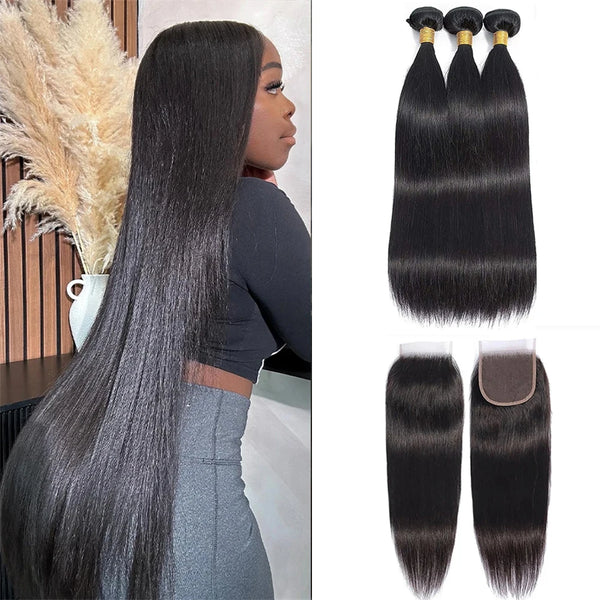 Peruvian Hair Weave 3 Bundles With 4x4 Lace Closure