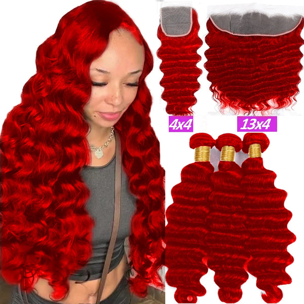 Hot Red Loose Deep Wave Bundles With Closure