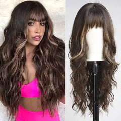 Heat Resistant Ash Blonde Wavy Wig with Bangs - Pure Hair Gaze