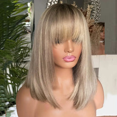 100% Virgin Human Hair Bob Wig Light Ash Blonde Lace Frontal Wig with Bangs