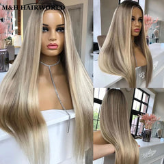 Ash Blonde Highlights Wigs with Dark Roots 30 Inch Long Straight Lace Front Wig Synthetic Hair Glueless Wigs For Women - Pure Hair Gaze