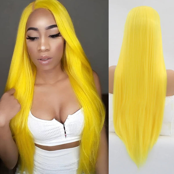 Long Straight High Temperature Fiber Yellow Wig