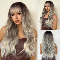 Heat Resistant Ash Blonde Wavy Wig with Bangs - Pure Hair Gaze