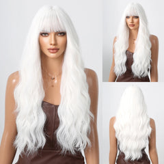 Heat Resistant Ash Blonde Wavy Wig with Bangs - Pure Hair Gaze