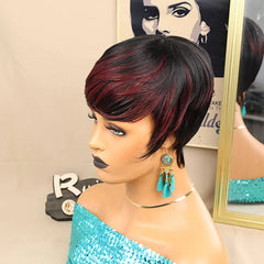 Short Synthetic Wig Ombre Red Pixie Cut with Bangs Natural Hair Color - Pure Hair Gaze