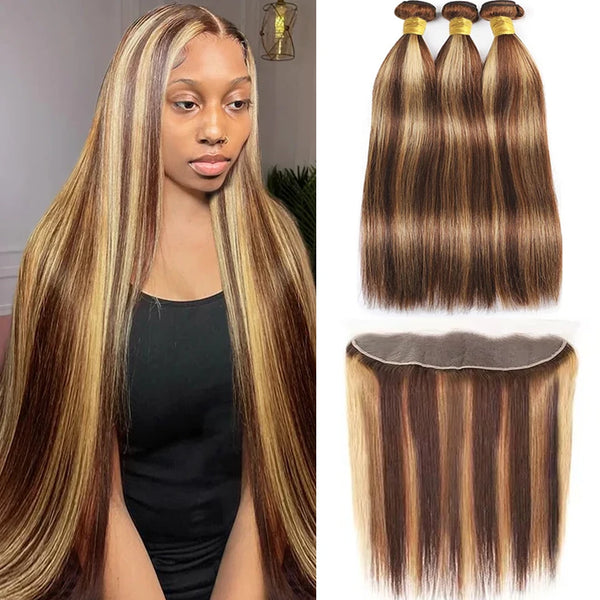Long Straight Ombre Human Hair Bundles With Frontal