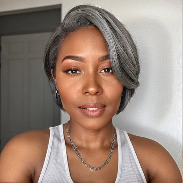 Salt And Pepper Boss Look | Short Pixie Cut 5x5 Frontal Lace C Part Wig 100% Human Hair