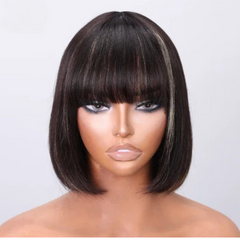 Straight Bob Wig with Bangs 100% Human Hair Wig Black with Highlights Full Machine Made Short Human Hair Wigs