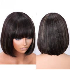 Straight Bob Wig with Bangs 100% Human Hair Wig Black with Highlights Full Machine Made Short Human Hair Wigs