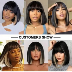 Straight Bob Wig with Bangs 100% Human Hair Wig Black with Highlights Full Machine Made Short Human Hair Wigs