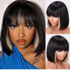 Straight Bob Wig with Bangs 100% Human Hair Wig Black with Highlights Full Machine Made Short Human Hair Wigs