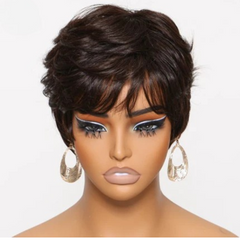 Brown Color Short Pixie Cut Bob Wig 100% Human Hair Wigs With Bangs Full Machine Made Layered Wavy Wigs for Women - Pure Hair Gaze