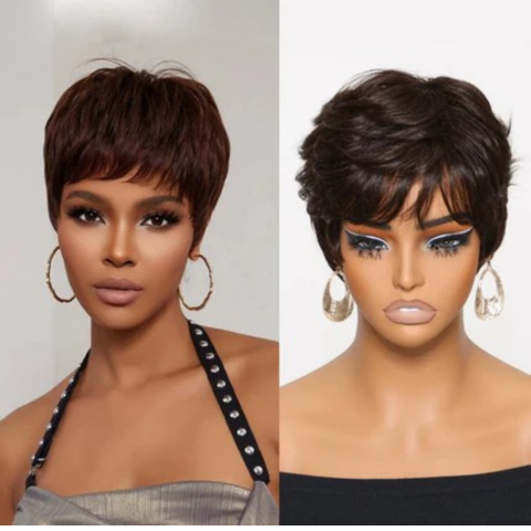 Brown Color Short Pixie Cut Bob Wig 100% Human Hair Wigs With Bangs Full Machine Made Layered Wavy Wigs for Women