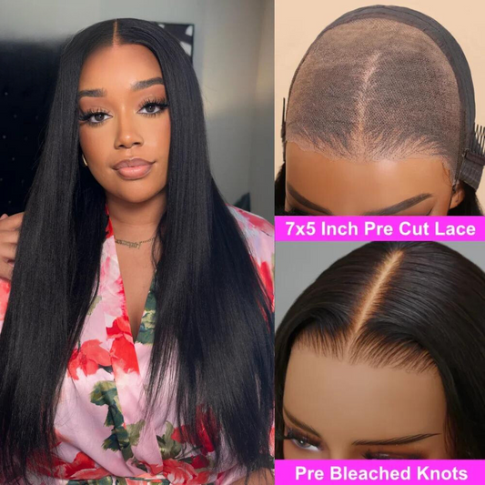 Get the Perfect Look Fast: Yaki Straight, Easy-Fit 7x5" Human Hair Wig with Natural Lace Closure. No Glue Needed! - Pure Hair Gaze