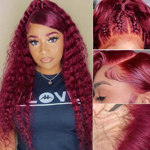 Burgundy Wigs - 99J Colored - Lace Front - Human Hair - Deep Wave