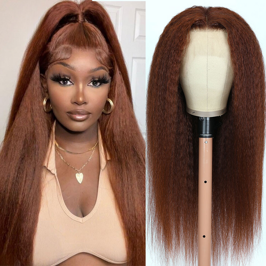 Radiant Elegance: 33B Reddish Brown Kinky Straight Lace Front – Luxury in Every Strand! - Pure Hair Gaze