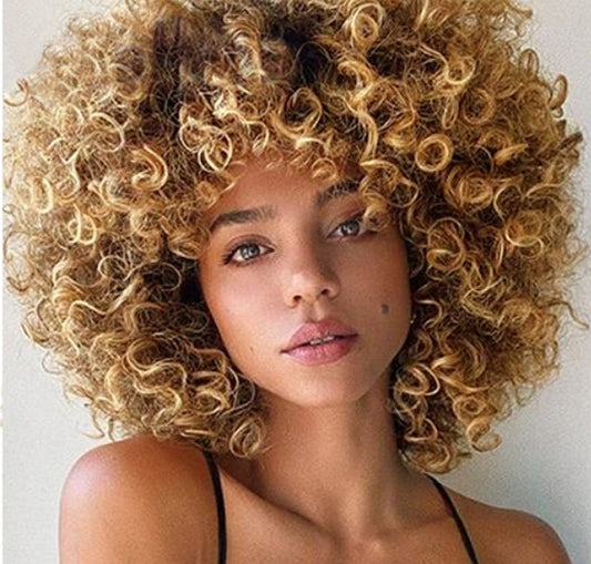 Afro Kinky Curly Wig With Bangs - Synthetic Natural Glueless Ombre Brown Blonde - Pure Hair Gaze