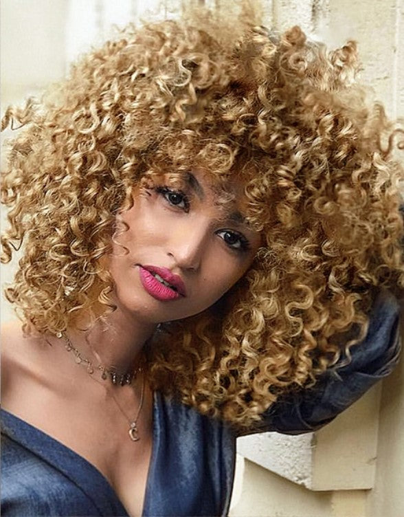 Afro Kinky Curly Wig With Bangs - Synthetic Natural Glueless Ombre Brown Blonde - Pure Hair Gaze