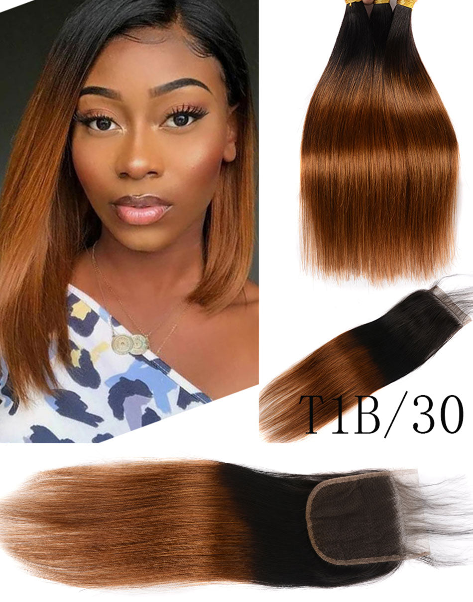 Luxurious Elevation: Premium Malaysian Silky Straight Ombre Hair Bundles with Remy Closure - Indulge in Smooth Texture & Style - Pure Hair Gaze