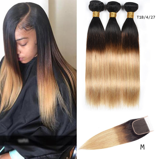 Luxurious Elevation: Premium Malaysian Silky Straight Ombre Hair Bundles with Remy Closure - Indulge in Smooth Texture & Style - Pure Hair Gaze