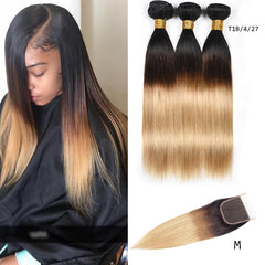 Ombre Hair Bundles - Malaysian Bundles Silky Straight Hair  Remy Human Hair Bundles With Closure - Pure Hair Gaze