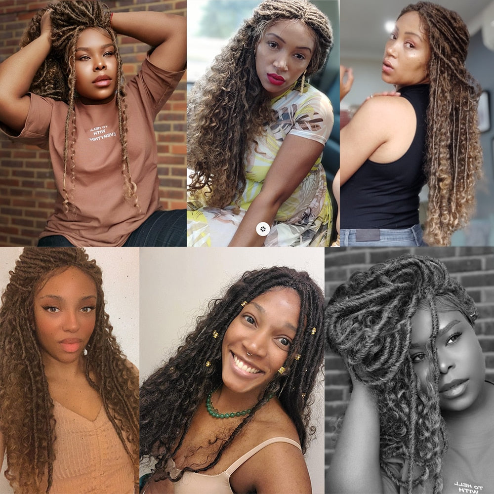 Faux Locs Synthetic Wigs- Straight Mix Curly Braids- Ombre Brown Colored Crochet Braids Curly Wigs - Pure Hair Gaze