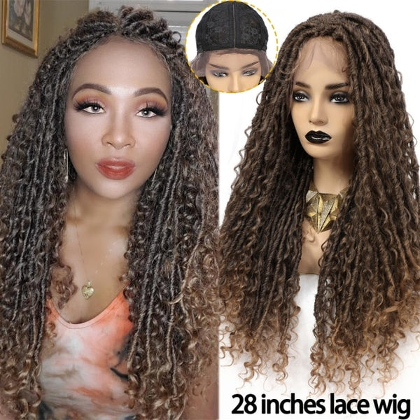 Sophisticated Elegance: Luxurious Ombre Brown Faux Locs Crochet Braids - Straight & Curly Synthetic Wigs for a Striking Loo